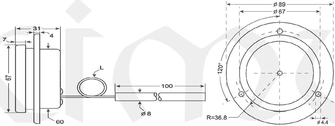 Kapilární teploměr E5815 pr.60mm, 0..+600°C, 1.5m, přední příruba